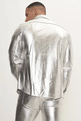 Men Genuine Lambskin Leather Shirt Silver - Taushif #