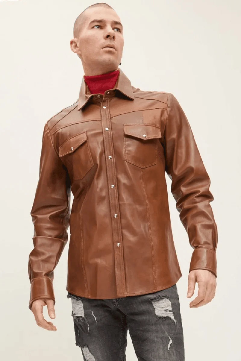 Men Genuine Lambskin Leather Shirt Tan - Taushif #