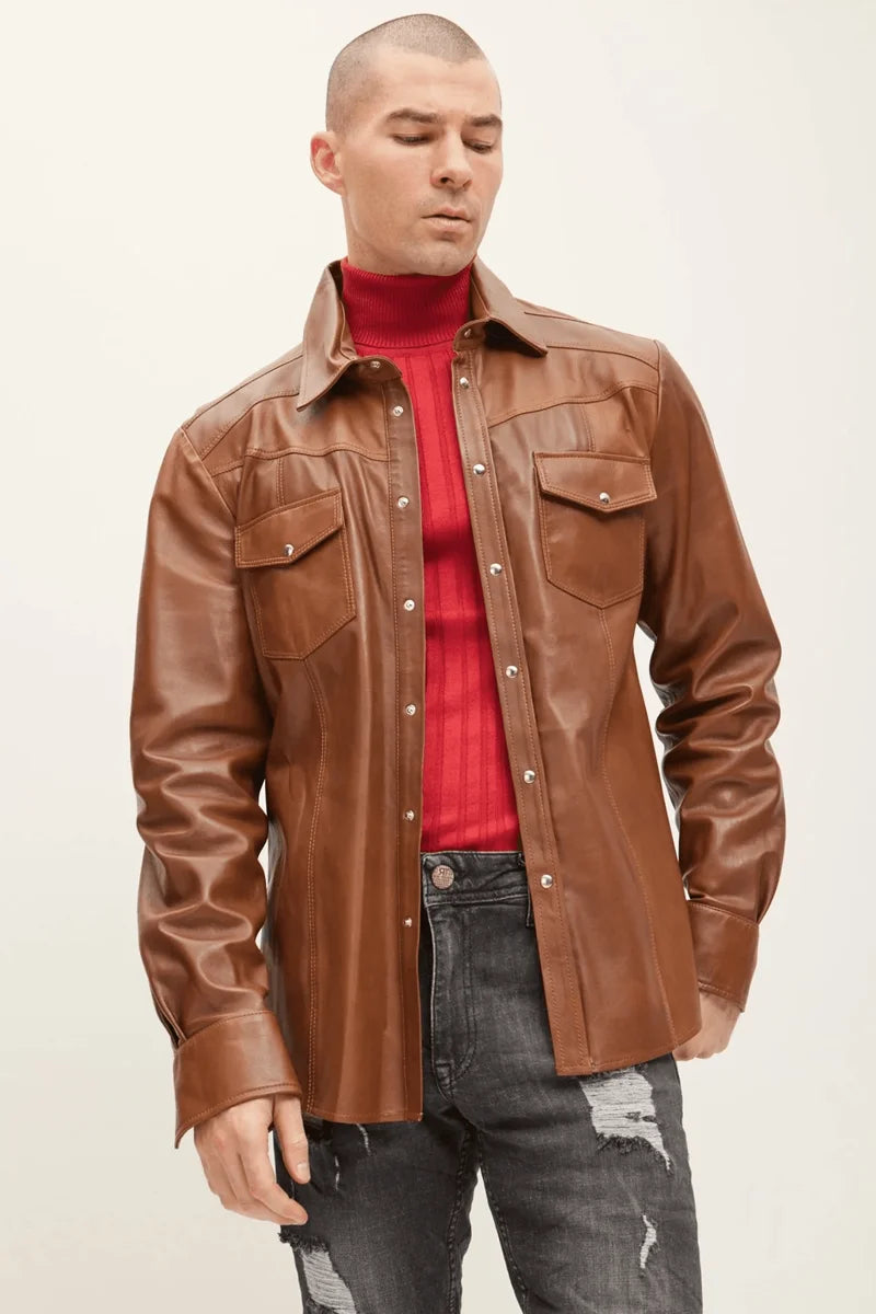 Men Genuine Lambskin Leather Shirt Tan - Taushif #