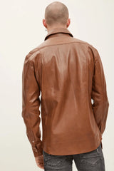 Men Genuine Lambskin Leather Shirt Tan - Taushif #