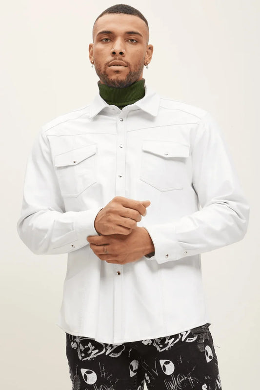 Men Genuine Lambskin Leather Shirt White - Taushif #