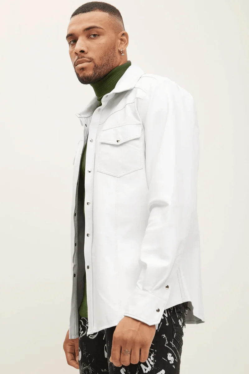 Men Genuine Lambskin Leather Shirt White - Taushif #