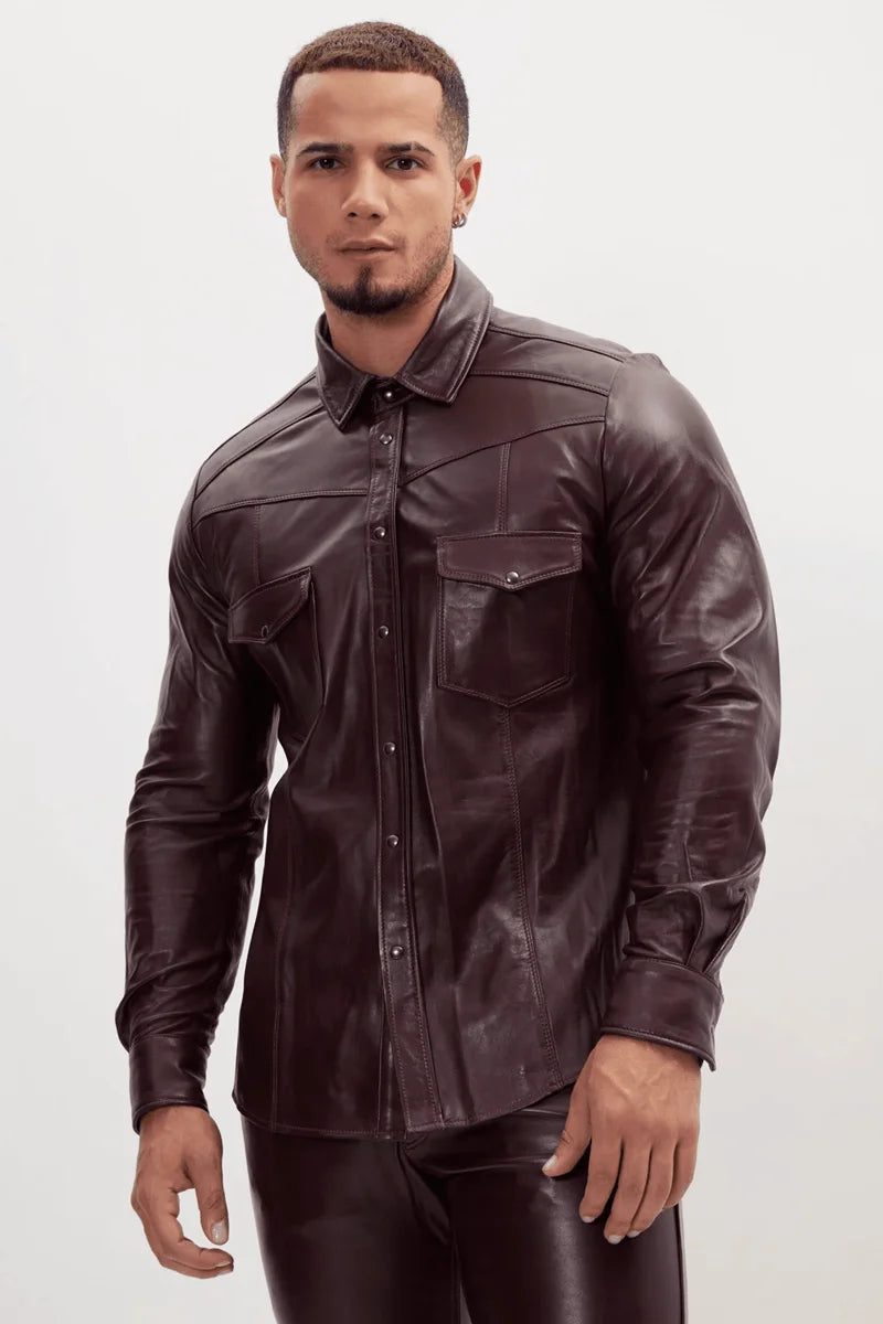 Men Genuine Lambskin Leather Shirt Wine - Taushif #