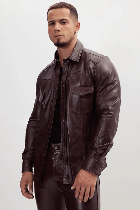 Men Genuine Lambskin Leather Shirt Wine - Taushif #