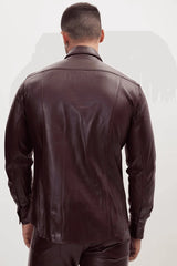 Men Genuine Lambskin Leather Shirt Wine - Taushif #