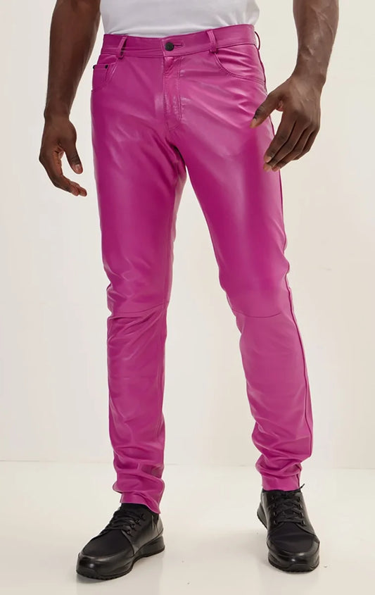 Men Genuine Lambskin Leather Pants Pink - Taushif #