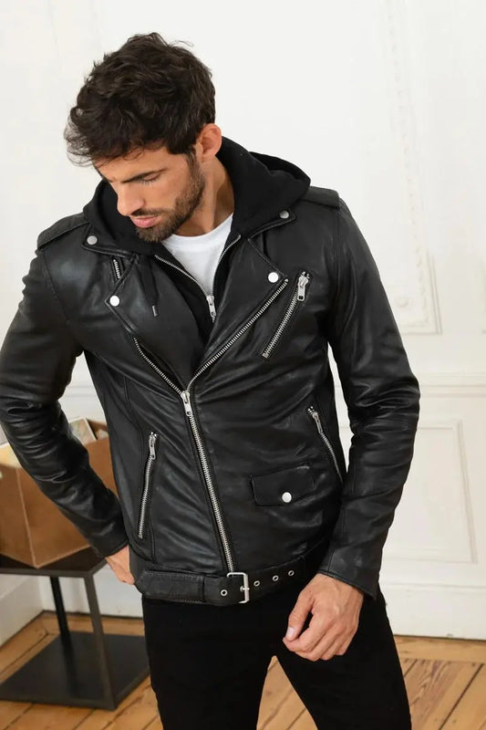 Vanguard Men Black Moto Leather Jacket - Taushif #