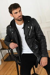 Vanguard Men Black Moto Leather Jacket - Taushif #